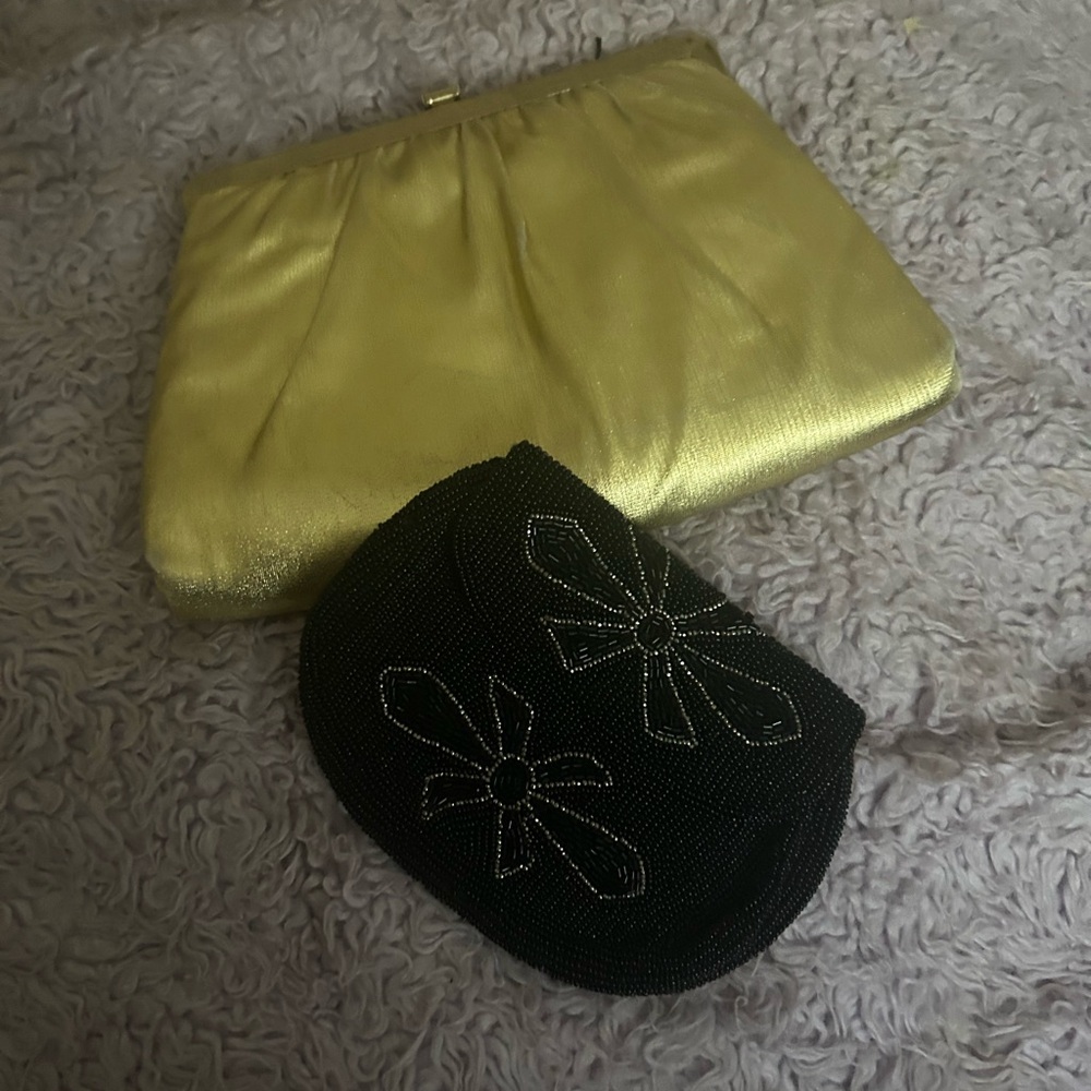 Gold Satin Clutch and Black Beaded Coin Pouch Set